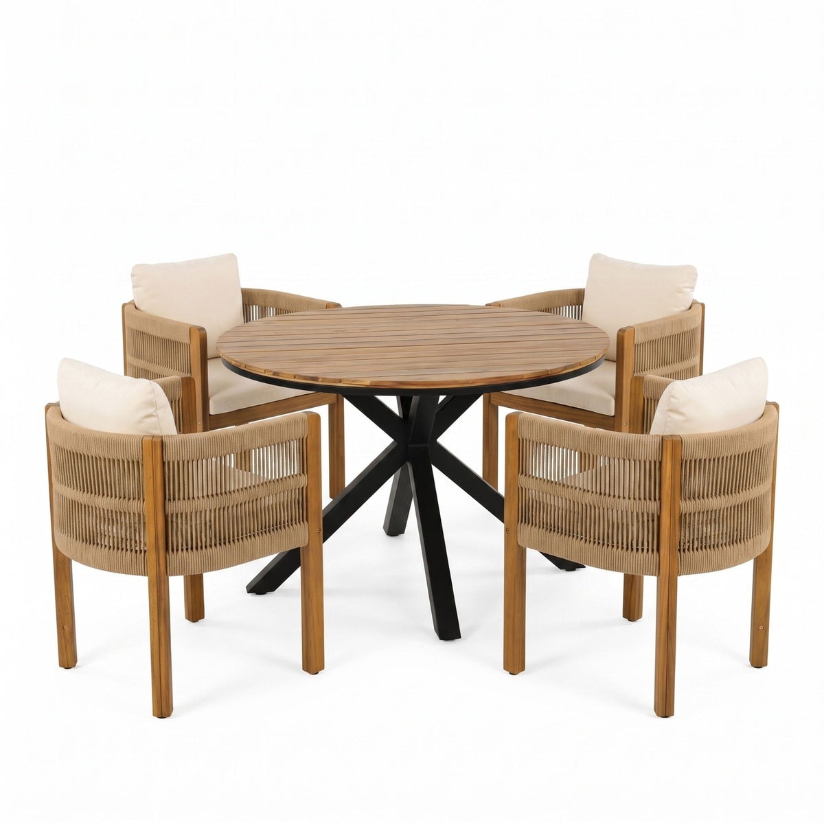 5 Piece Outdoor Dining Set With Round Table And 4 Wrapped Chairs - Black / Brown / Teak