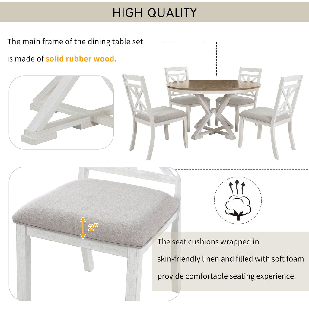 Dining Set With Extendable Round Table And 4 Upholstered Chairs