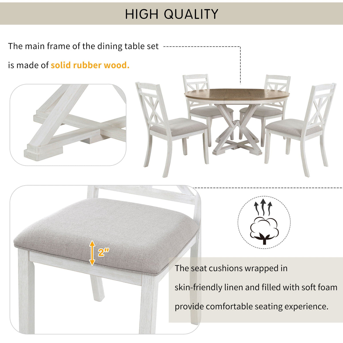 Dining Set With Extendable Round Table And 4 Upholstered Chairs