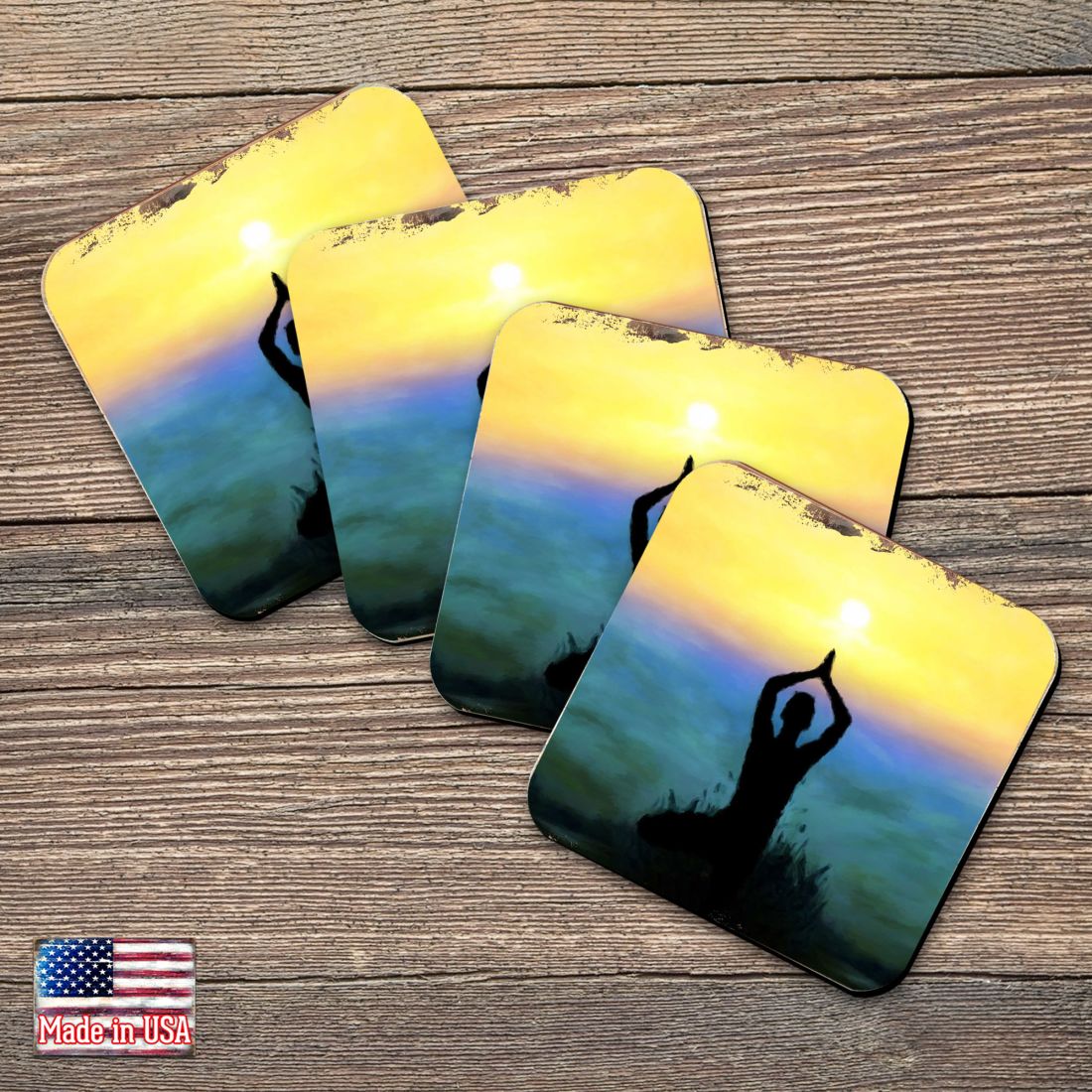 Yoga Wooden Cork Coasters Gift Set of 4 by Nature Wonders - Nature Wildlife Decor  - 95385C-S4