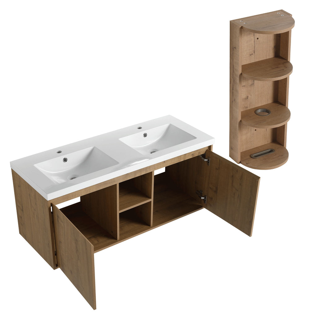 48" Wall Mounted Bathroom Vanity With Double Resin Sink And Storage Rack Soft Close Doors Plywood Construction - Imitative Oak