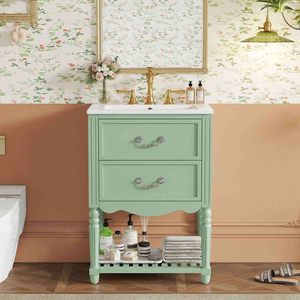 Wave Design Bathroom Vanity With Sink, 2 Drawers And Open Shelf