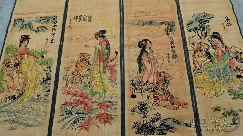 Chinese Four-Panel Calligraphy & Painting Scroll Set – Wall Hanging