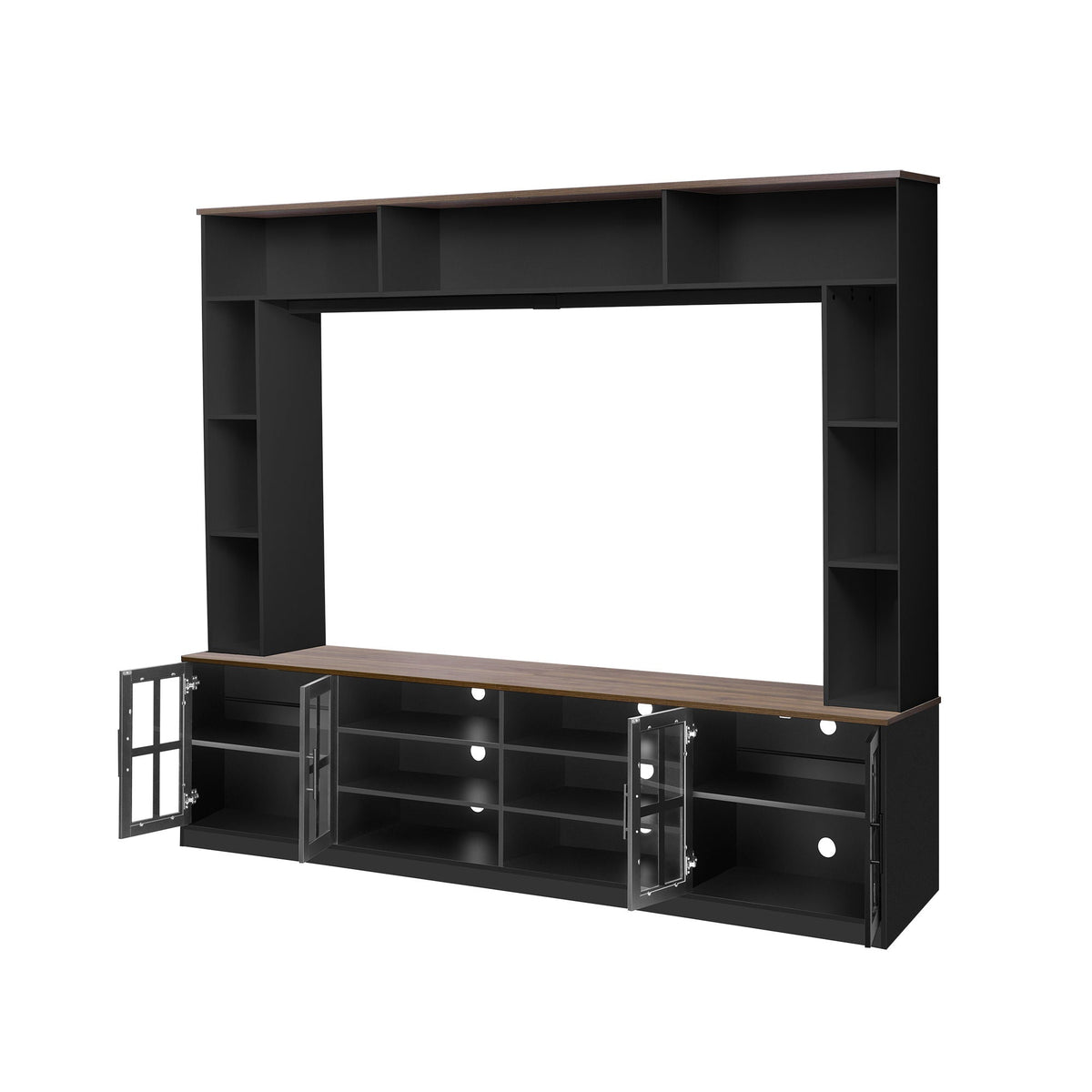 Wall Unit Entertainment Center With Bookshelves For TVs Up To 80", Tempered Glass Doors And Adjustable Shelves