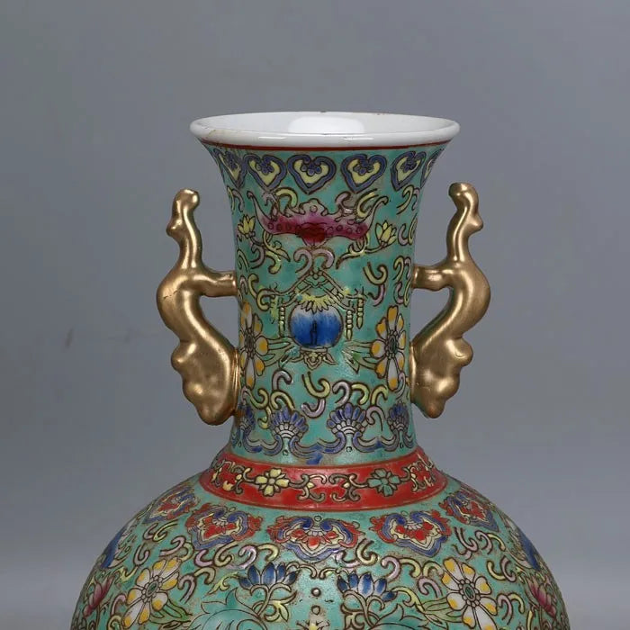 Qianlong‑Style Powder Enamel Vase – Hand‑Painted Flowers with Golden Handles