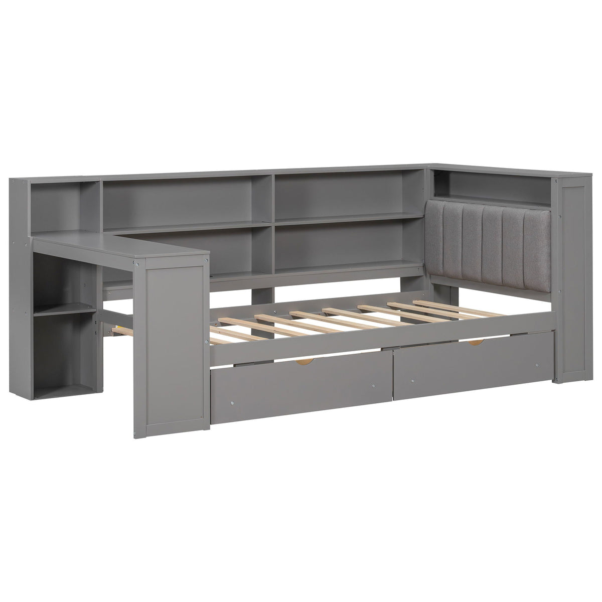 Platform Bed With Upholstered Headboard, Storage Shelves, Drawers, Charging Station, LED Lighting, Built In Desk