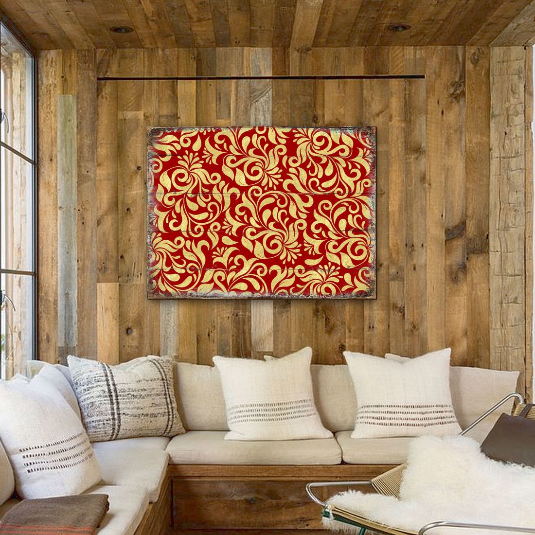 Red and Gold Floral Rustic Wooden Wall Art by G. DeBrekht - Floral Ornamental Decor - 95006B
