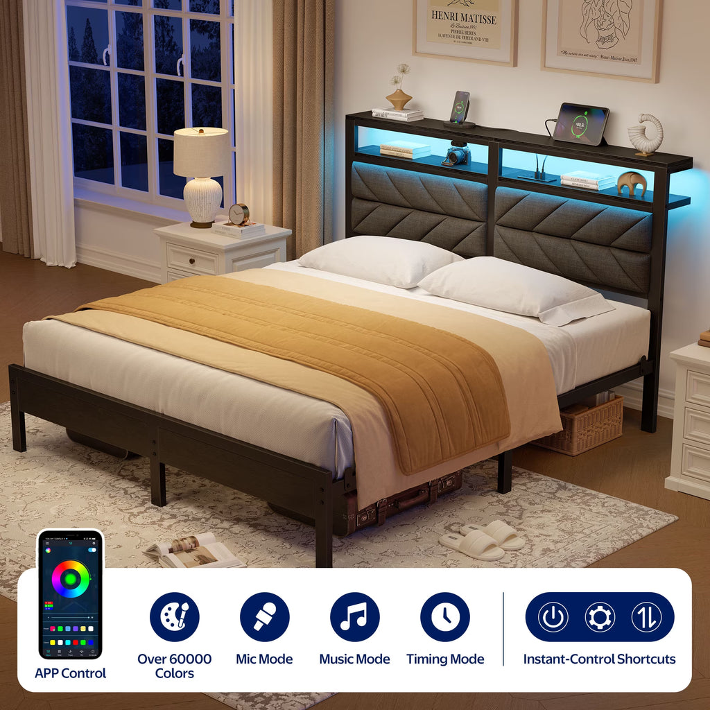 Full LED Bed Frame with Headboard Storage - Charging Station, Dark Gray