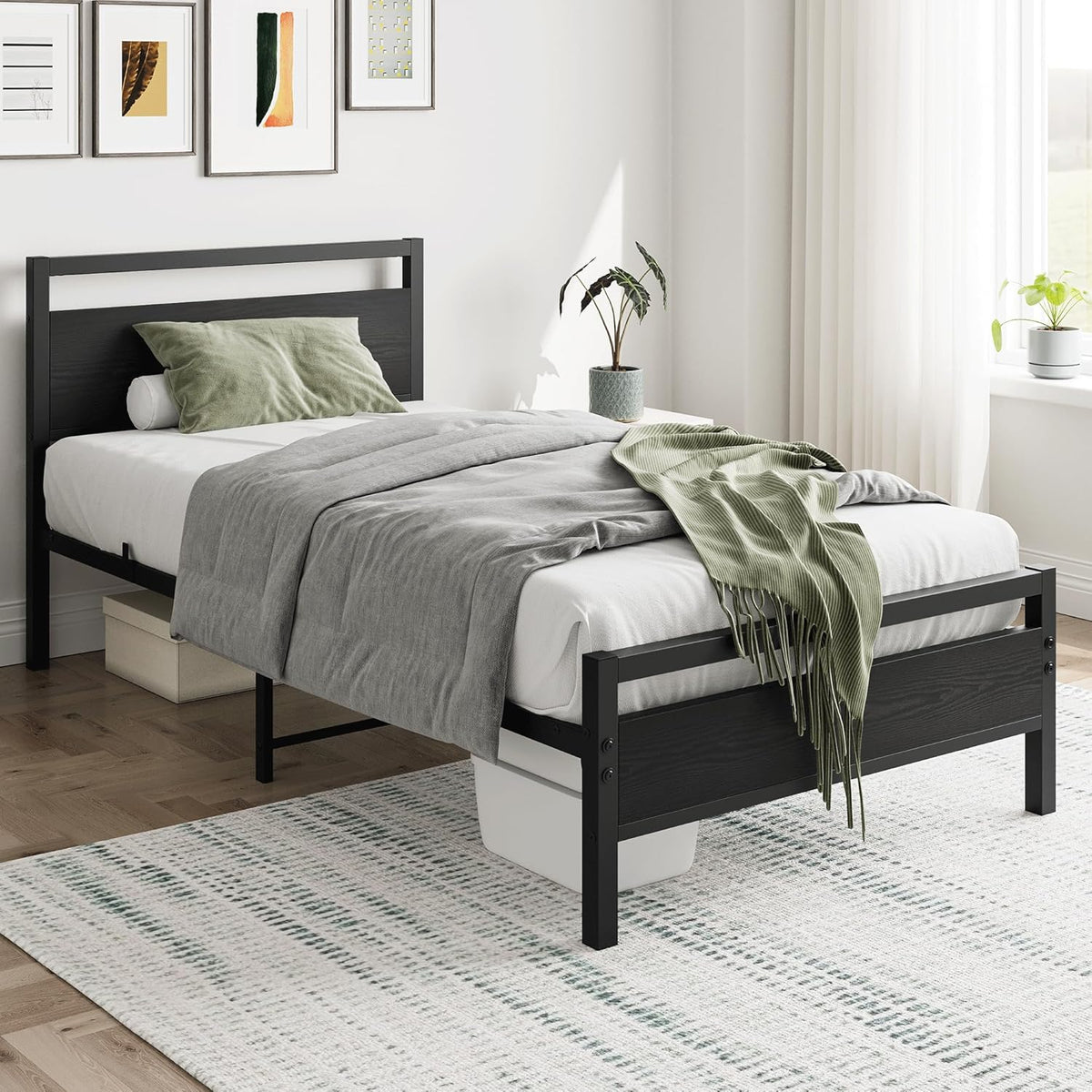 Black Twin Bed Frame with Wood Headboard,Metal Single Platform Bed Frame Twin Size No Box Spring Needed,Heavy Duty Metal Slats Support,Mattress Base,Noise Free,Easy Assembly,Black