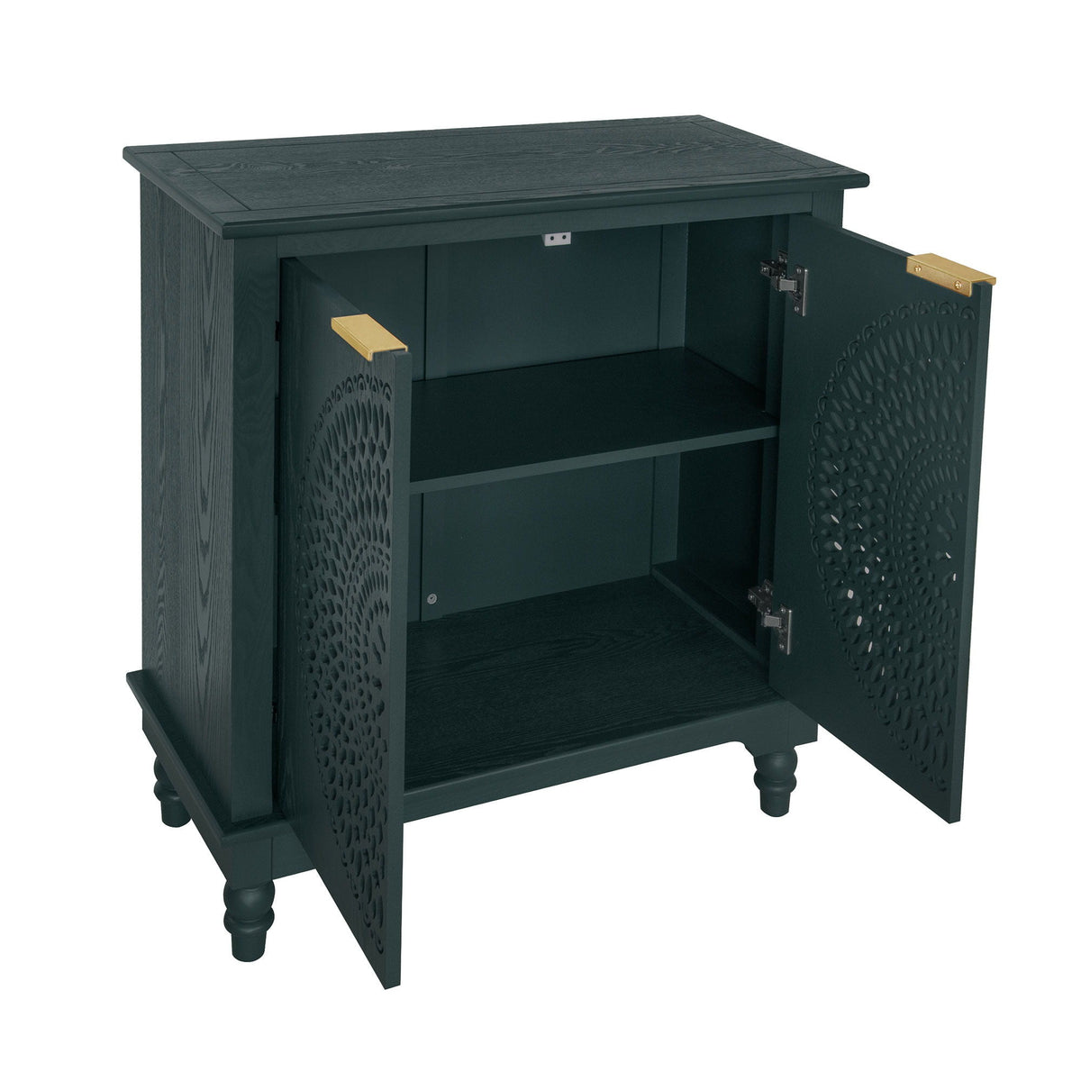 Hollow Carved 2 Door Accent Cabinet With Adjustable Shelf, Sideboard Buffet For Entryway, Living Room Or Bedroom - Blackish Green