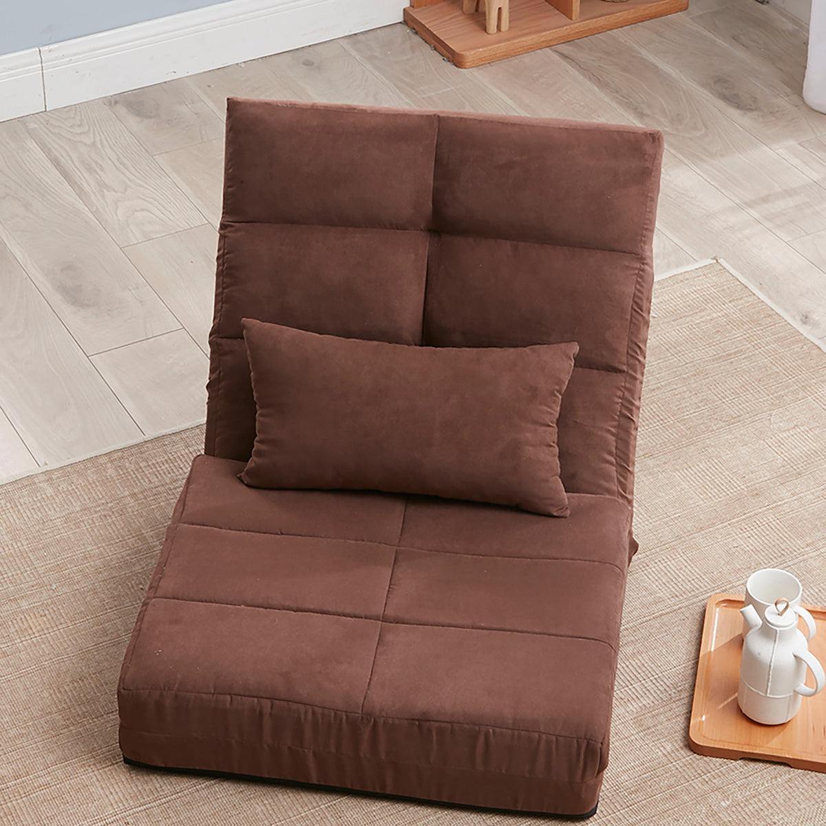Modern Triple Fold Down Metal Frame Sofa Bed With 5 Reclining Positions And Pillow - Adjustable Upholstered Floor Couch For Gaming Or Guest Room - Brown