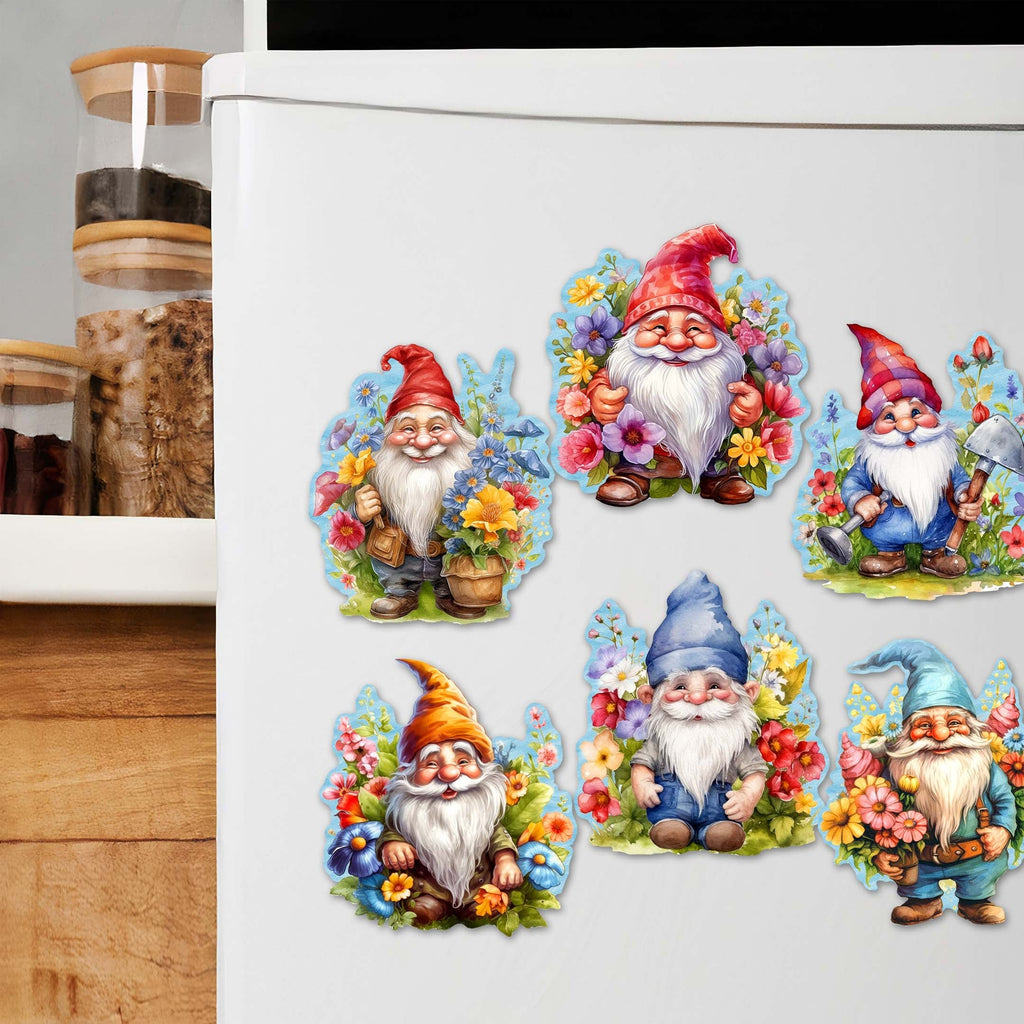 Garden Gnomes Decorative Eco Wood Magnets Set of 6 by G. Debrekht - Easter Spring Decor - 8090030G-S6