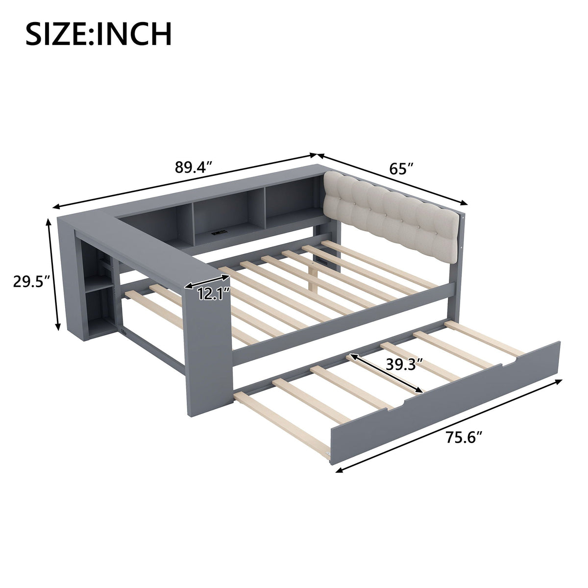 Upholstered Headboard Platform Bed with Storage Shelves, Trundle, and Charging Station