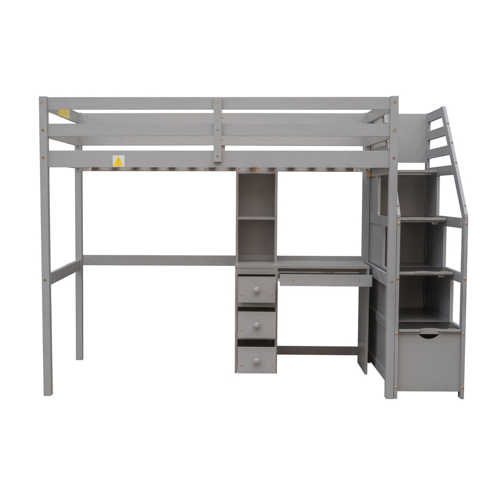 Loft Bed With Stand Alone Bed, Storage Staircase, Desk, Shelves, And Drawers