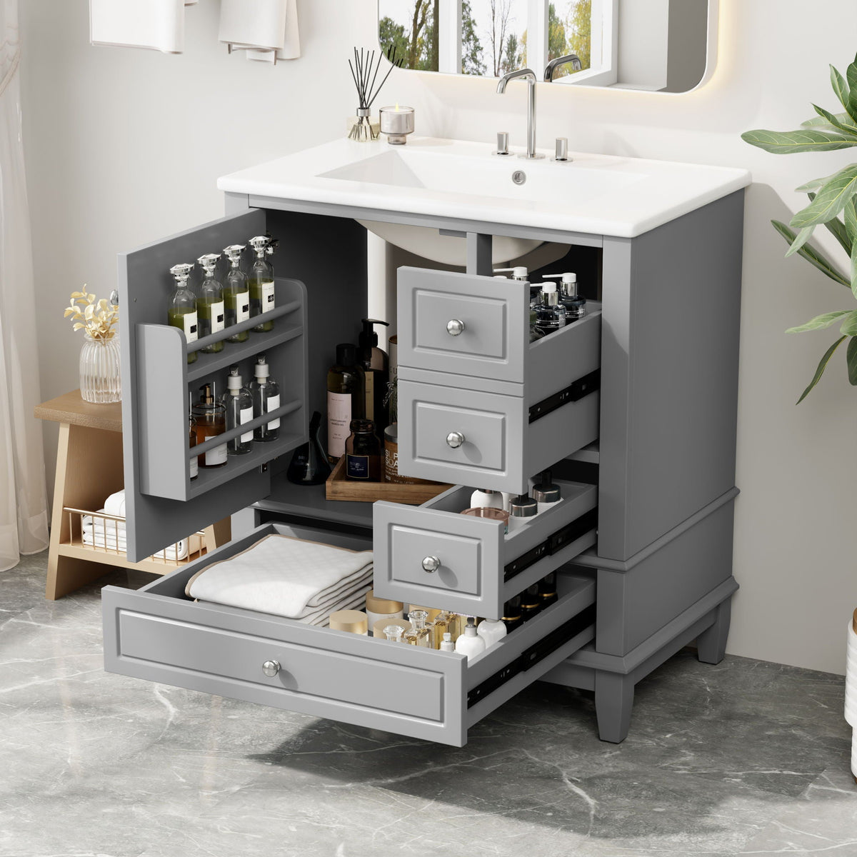 Freestanding Bathroom Vanity With Sink, Soft Close Door, 3 Drawers