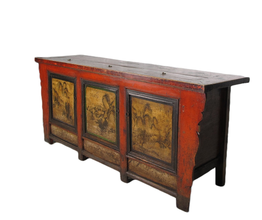 Gansu 85" Long Red Hand Painted Chinese Sideboard