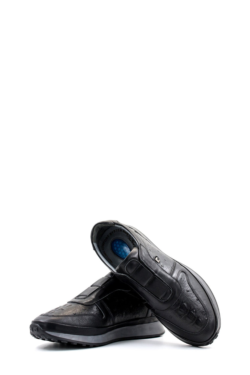 Men's Black Leather Sneakers with Textured Sole - Wessi