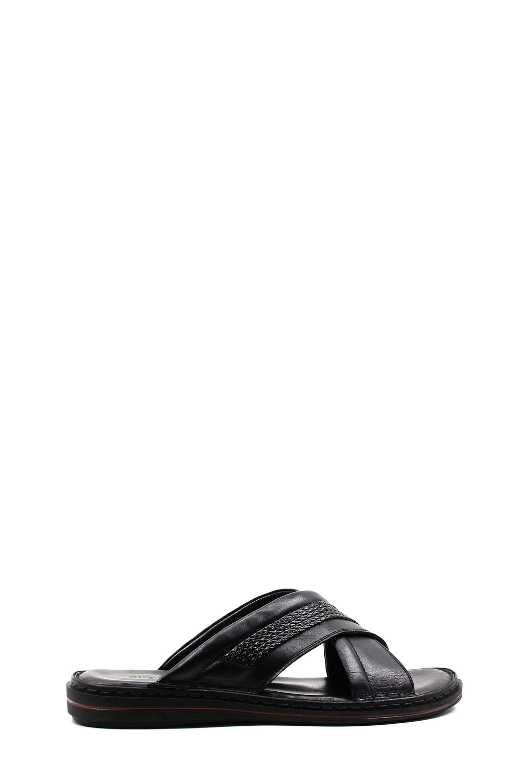 Men's Black Leather Crisscross Slide Slippers with Textured Straps and Cushioned Sole - Wessi