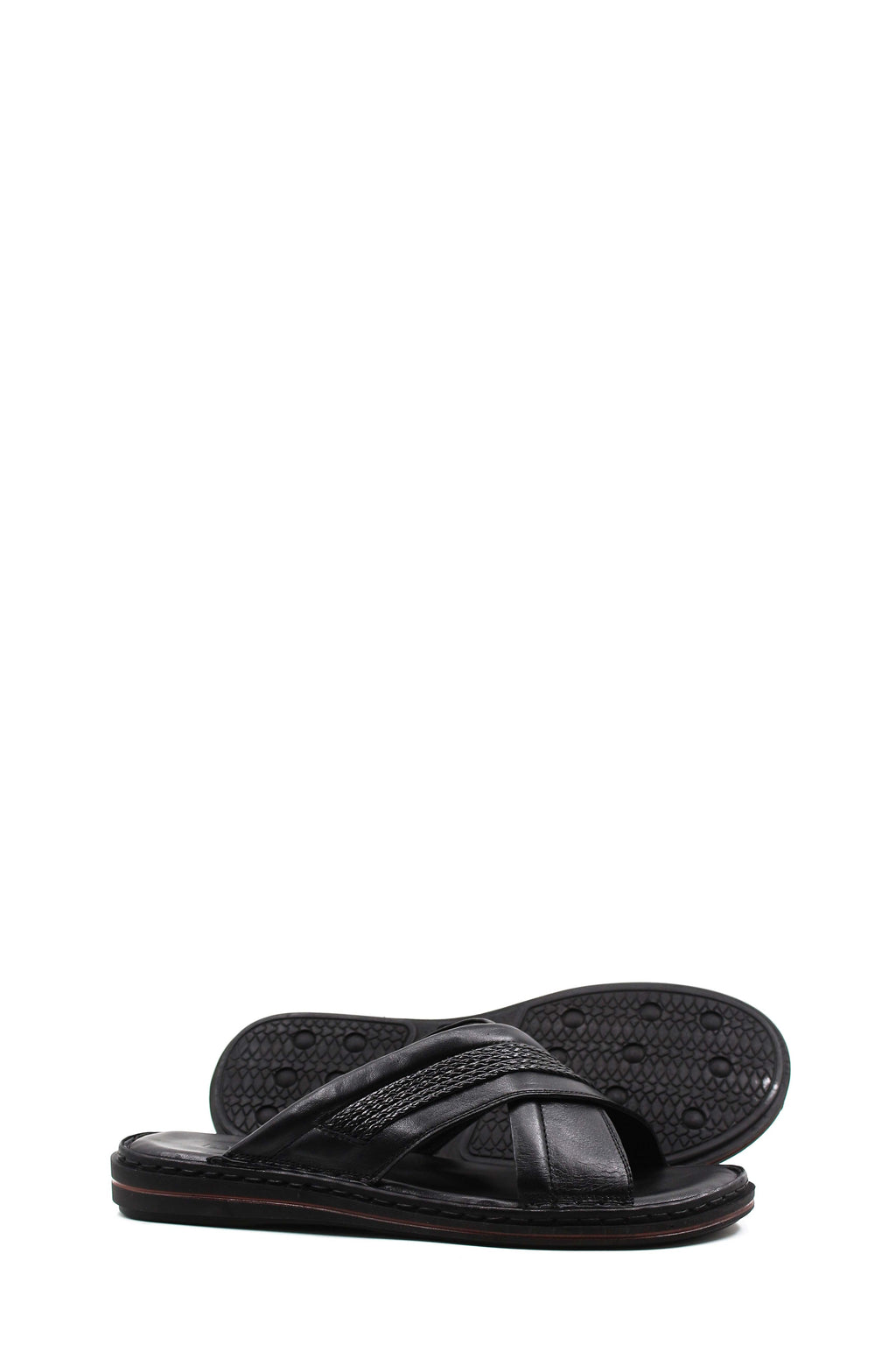 Men's Black Leather Crisscross Slide Slippers with Textured Straps and Cushioned Sole - Wessi
