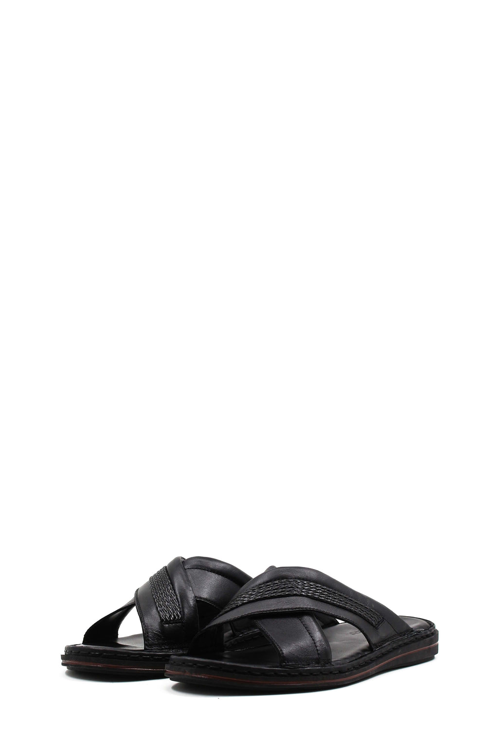 Men's Black Leather Crisscross Slide Slippers with Textured Straps and Cushioned Sole - Wessi