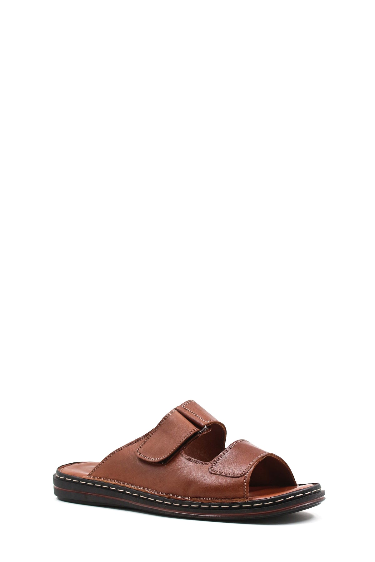 Men's Brown Leather Slippers with Dual Velcro Straps - Wessi