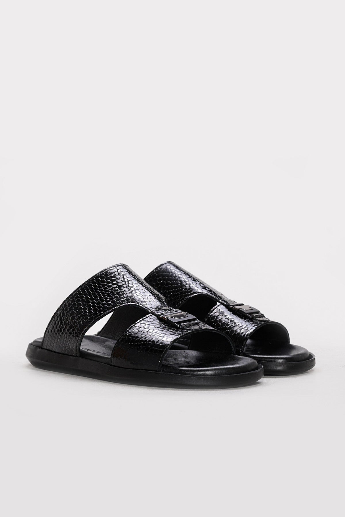 Black Embossed Leather Double-Strap Sandals for Men | Wessi