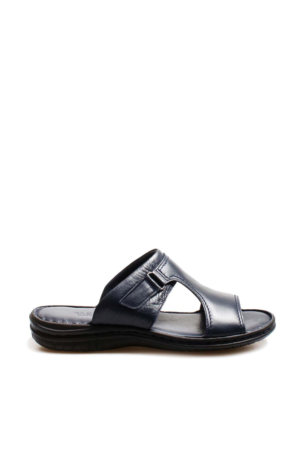 Men's Navy Leather Slide Sandals with Cutout Design - Wessi