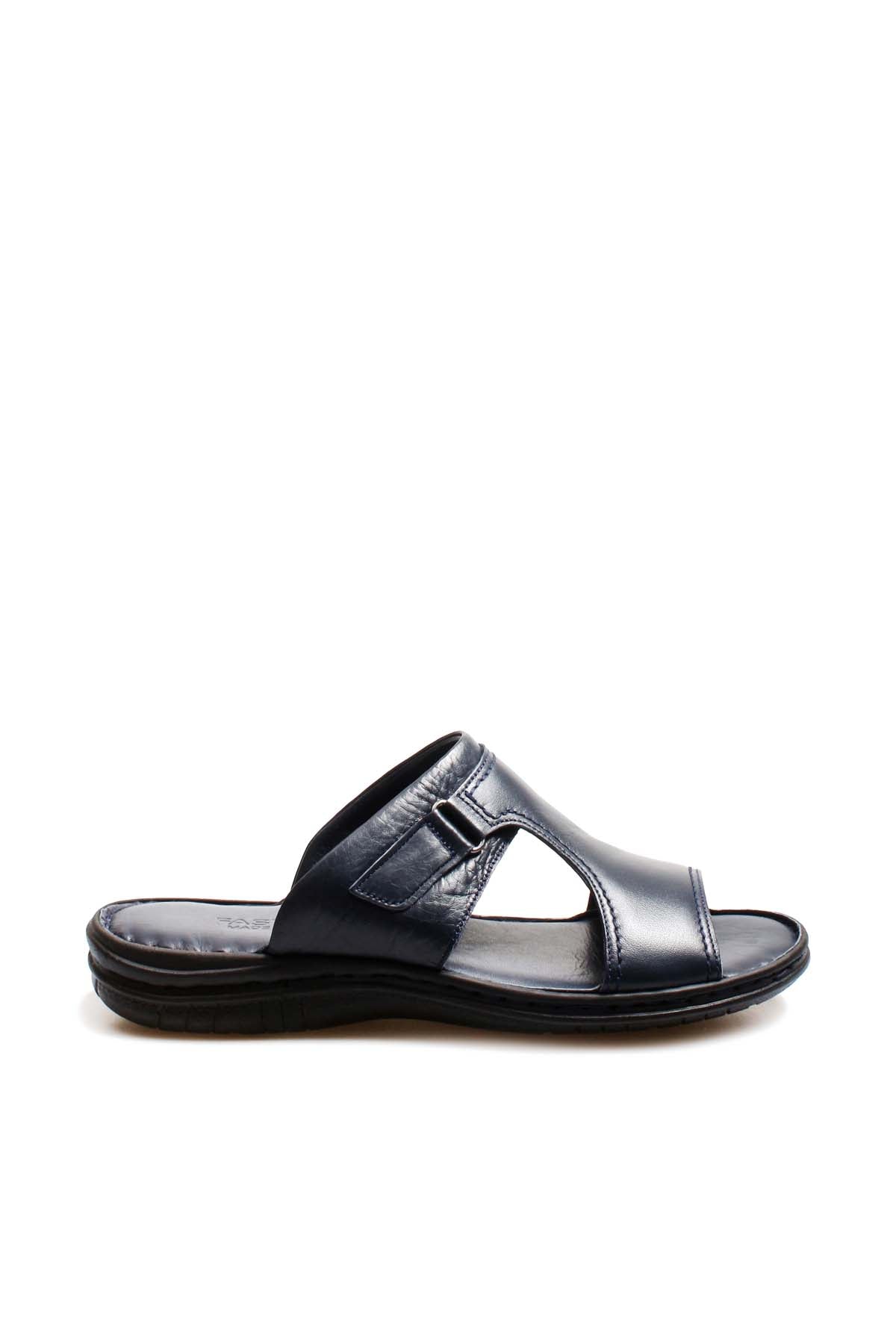 Men's Navy Leather Slide Sandals with Cutout Design - Wessi