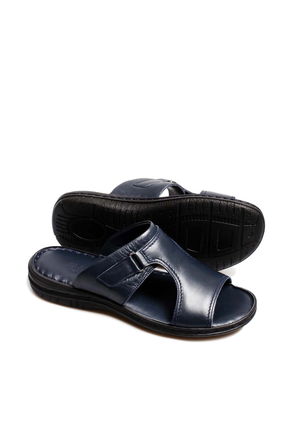 Men's Navy Leather Slide Sandals with Cutout Design - Wessi