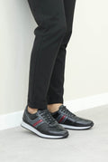 Men's Dark Brown Leather Sneakers with Burgundy Stripe - Wessi