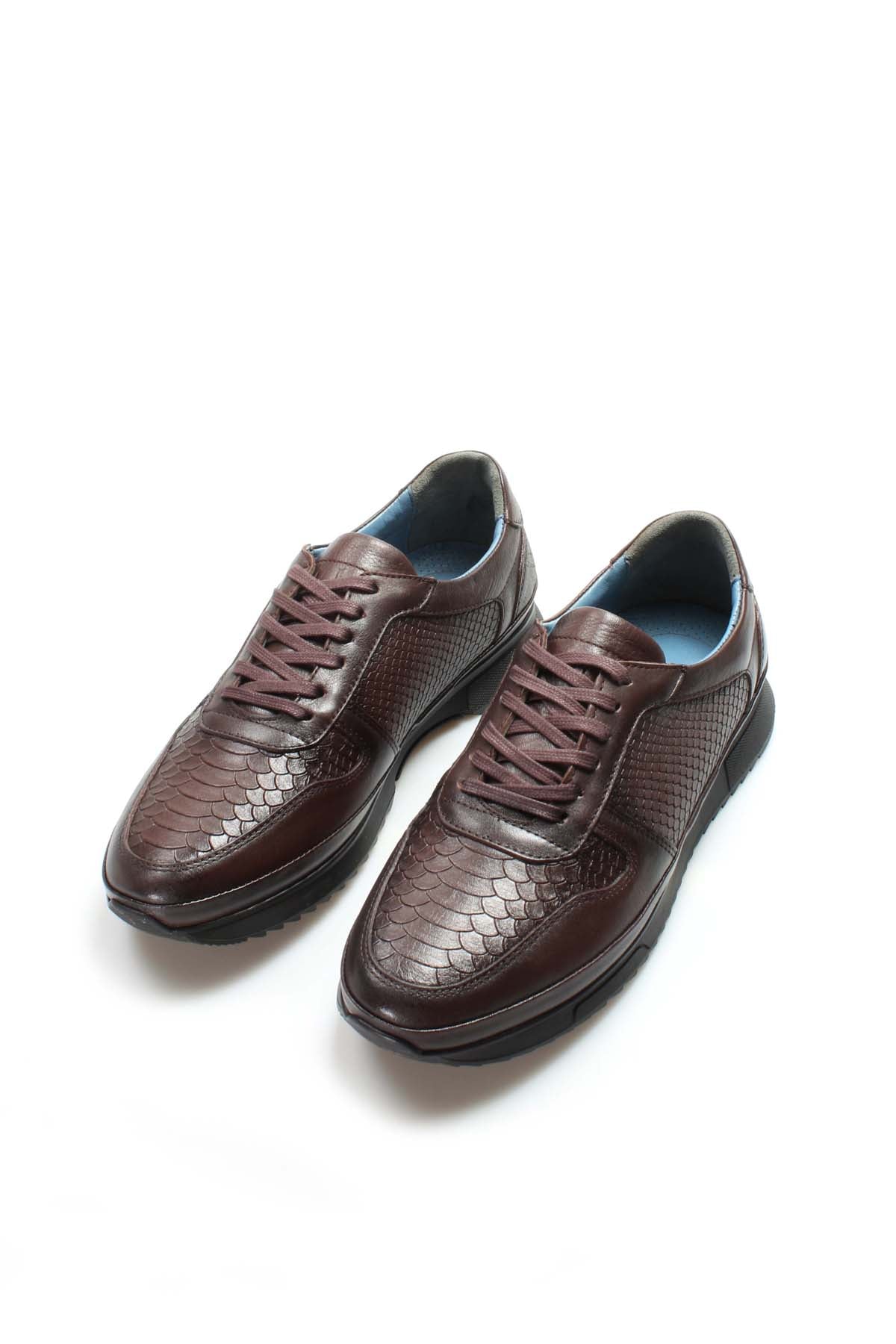 Men's Brown Leather Sneakers with Embossed Croc Texture - Wessi
