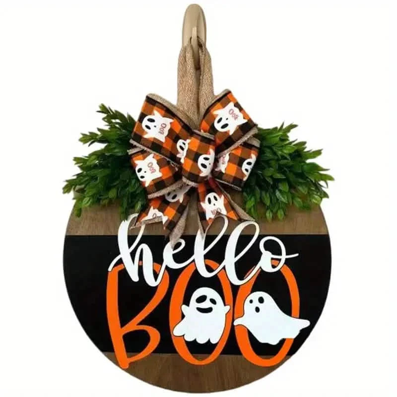 Halloween Round Wooden Board Front Door Decoration Wreath