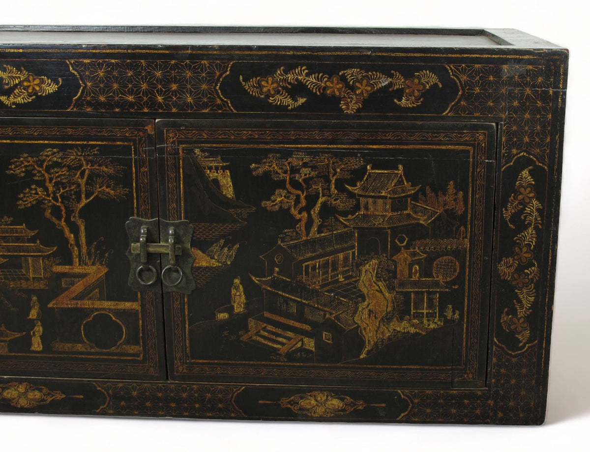 Hand Painted Black Vintage Chinese Chinoiserie-Style Cabinet 2