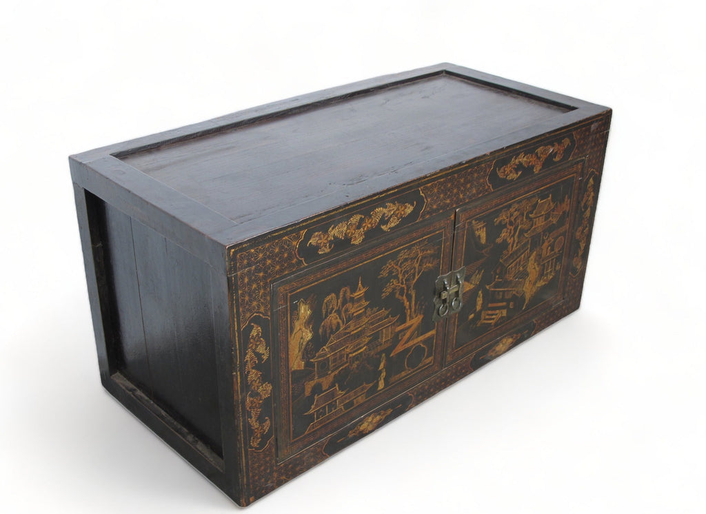 Hand Painted Black Vintage Chinese Chinoiserie-Style Cabinet 2