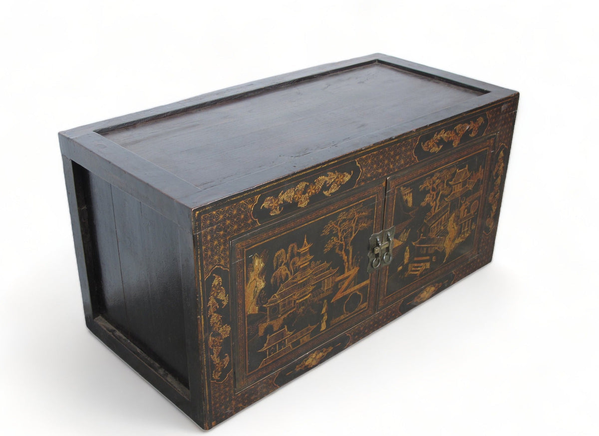 Hand Painted Black Vintage Chinese Chinoiserie-Style Cabinet 2