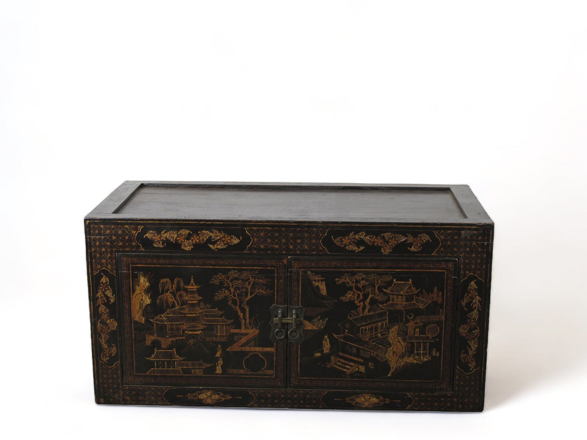 Hand Painted Black Vintage Chinese Chinoiserie-Style Cabinet 2
