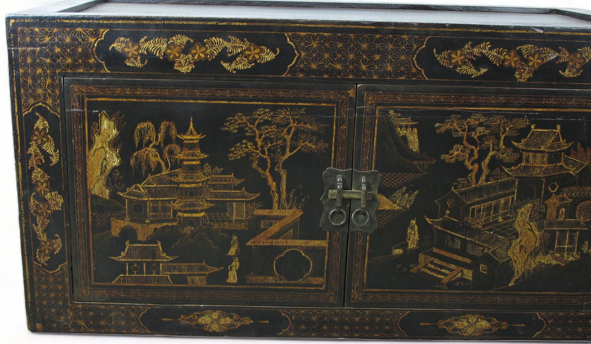 Hand Painted Black Vintage Chinese Chinoiserie-Style Cabinet 2