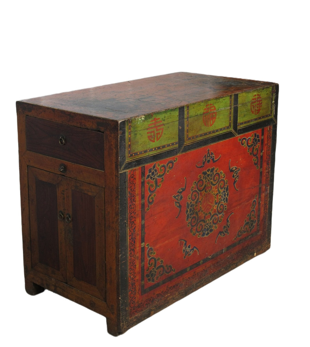 Hand Painted Five Bats Antique Gansu Tibetan Cabinet