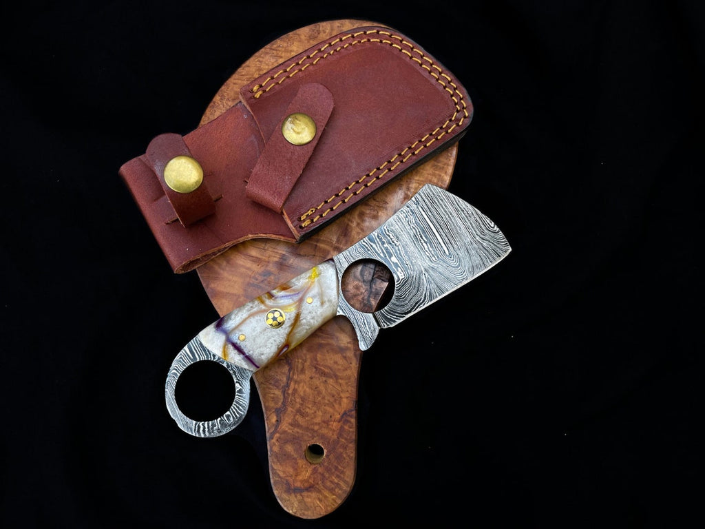 Custom Handmade Damascus Steel Mini Finger Hole Cleaver Knife
