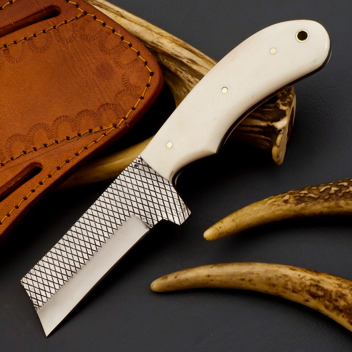 Custom Handmade Cowboy Farrier Rasp Bull Cutter Knife | Bone Handle | 8 Inches | Leather Sheath | KBS Knives Store"