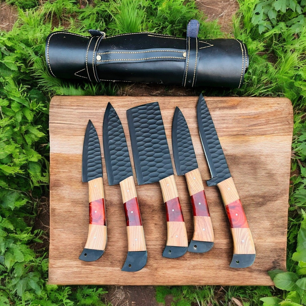 Premium Custom Kitchen Knives Set - Hand Forged & Olivewood Handles