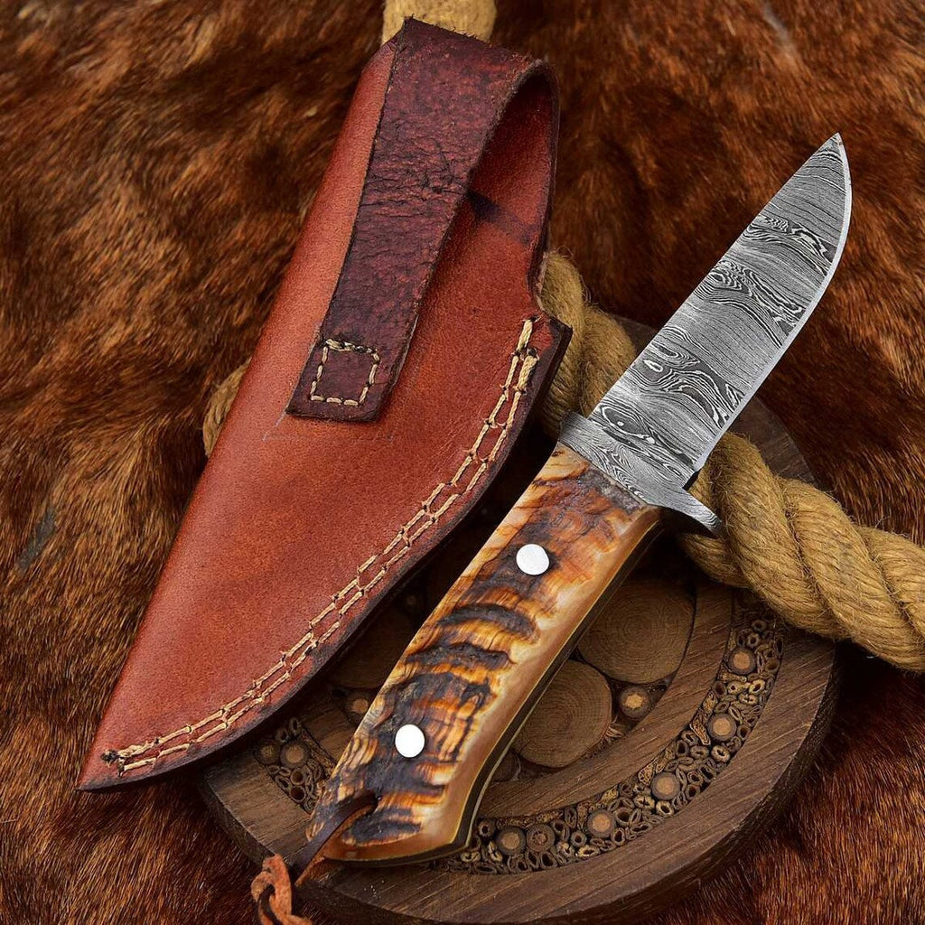 Custom Handmade Damascus Skinning Knife with Sheep Horn Handle, 7.75-inch