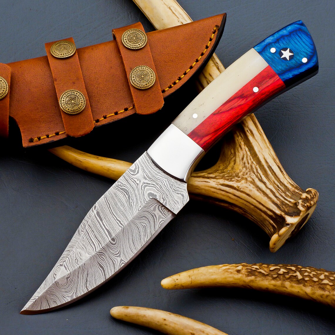 "Custom Handmade Texas Flag Damascus Steel Hunting Knife | Exotic Wood-Bone Texas Flag Handle | 9 Inches | Leather Sheath | KBS Knives Store"