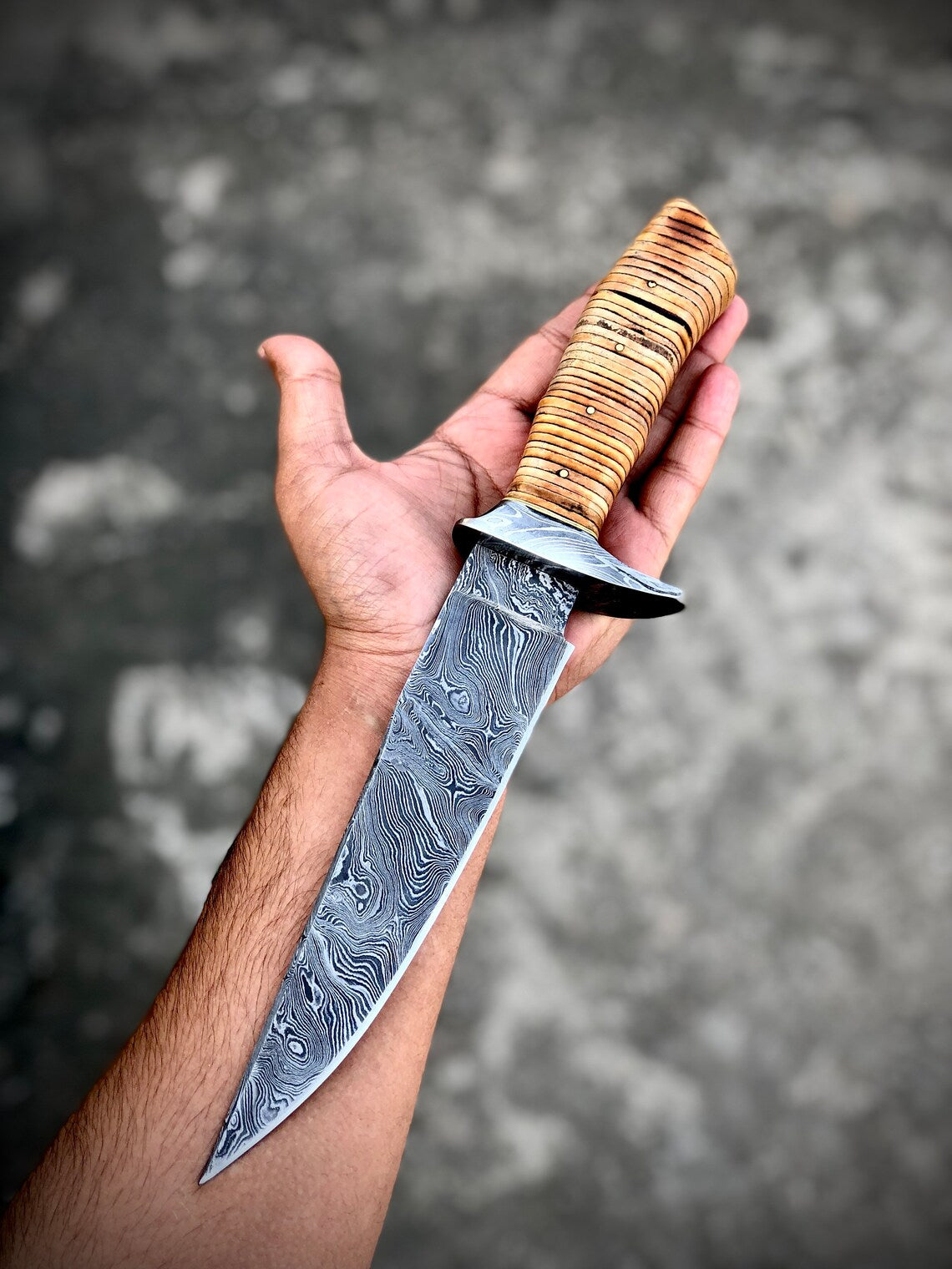 "Custom Handmade Damascus Steel Hunting Bowie Knife | Stacked Leather-Damascus Guard Handle | 12 Inches | Leather Sheath | KBS Knives Store"