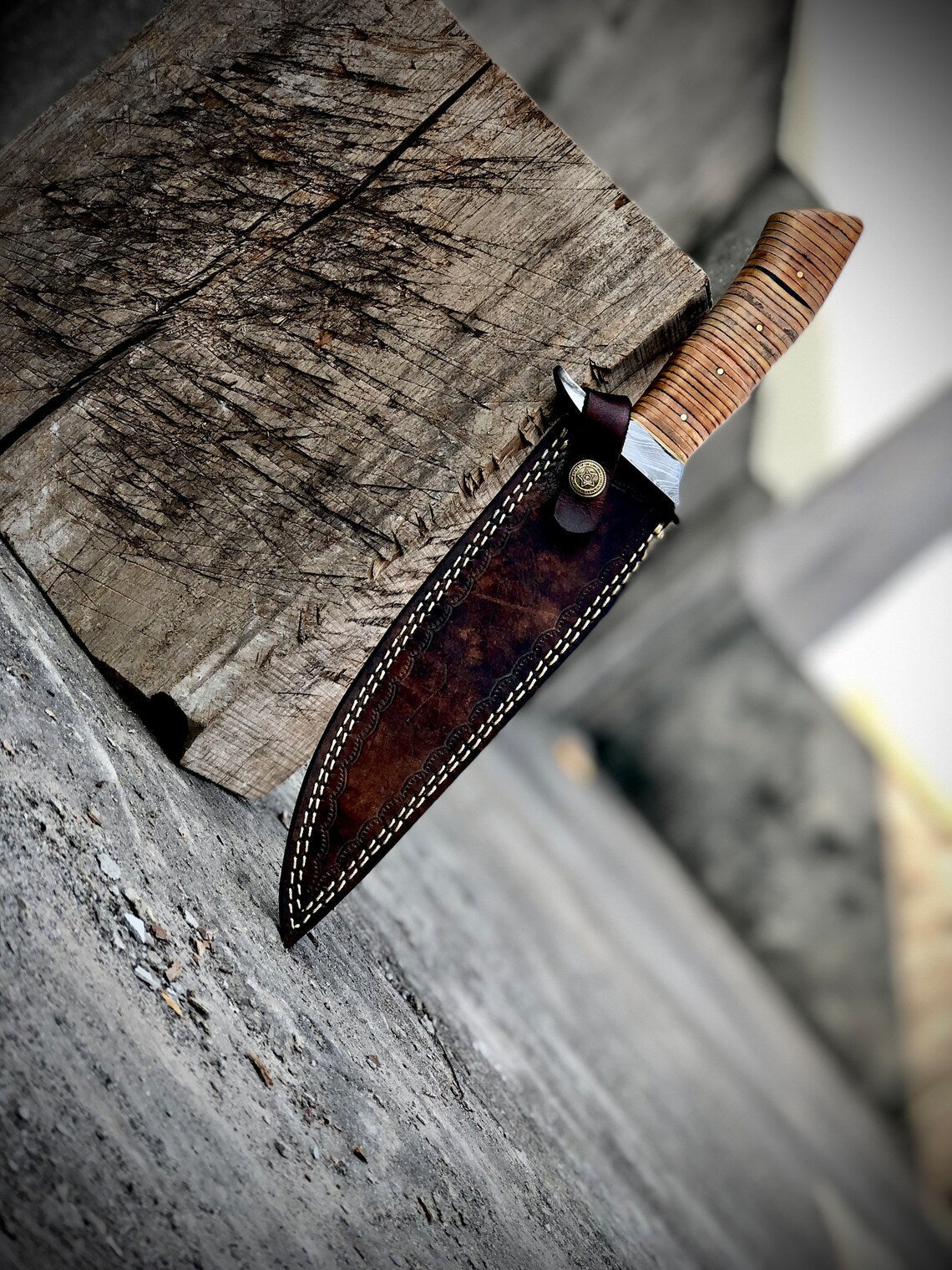 "Custom Handmade Damascus Steel Hunting Bowie Knife | Stacked Leather-Damascus Guard Handle | 12 Inches | Leather Sheath | KBS Knives Store"