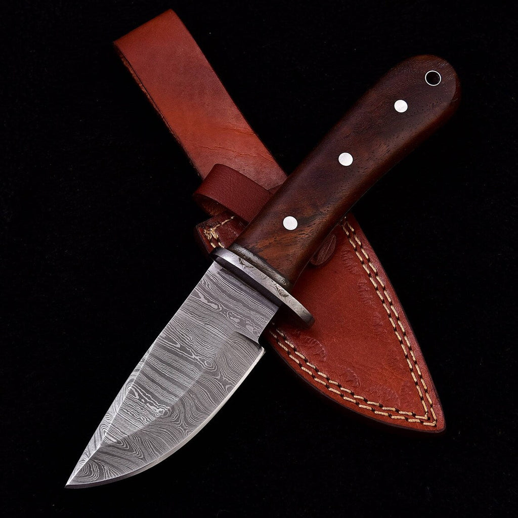 Custom Handmade Damascus Steel Skinning Knife with Walnut Wood Handle, 7.75-inch