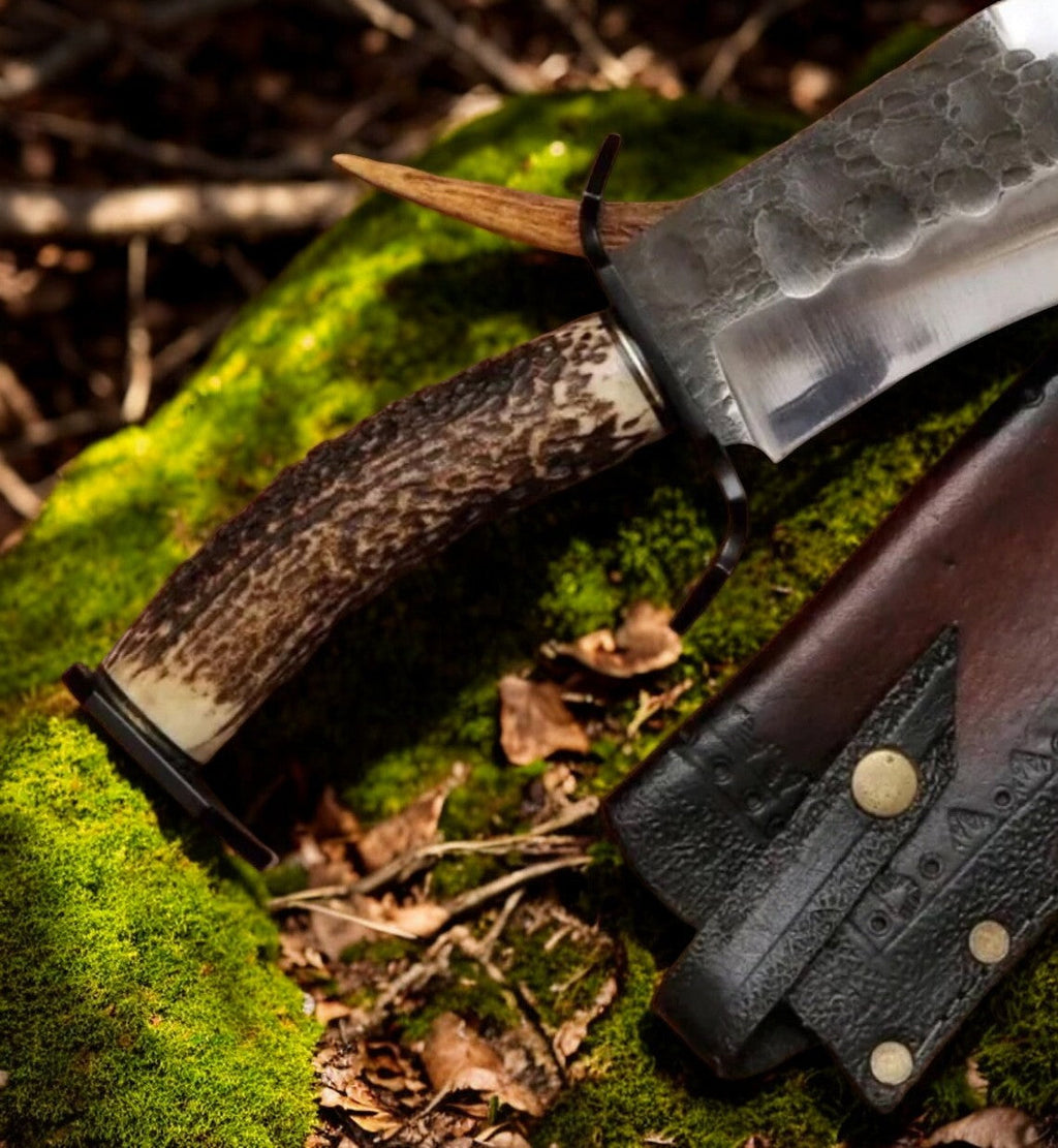 Mountain Stalker Bowie Knife with Antler Handle – 17" Custom Handmade 1095 Steel Blade with Bone Handle