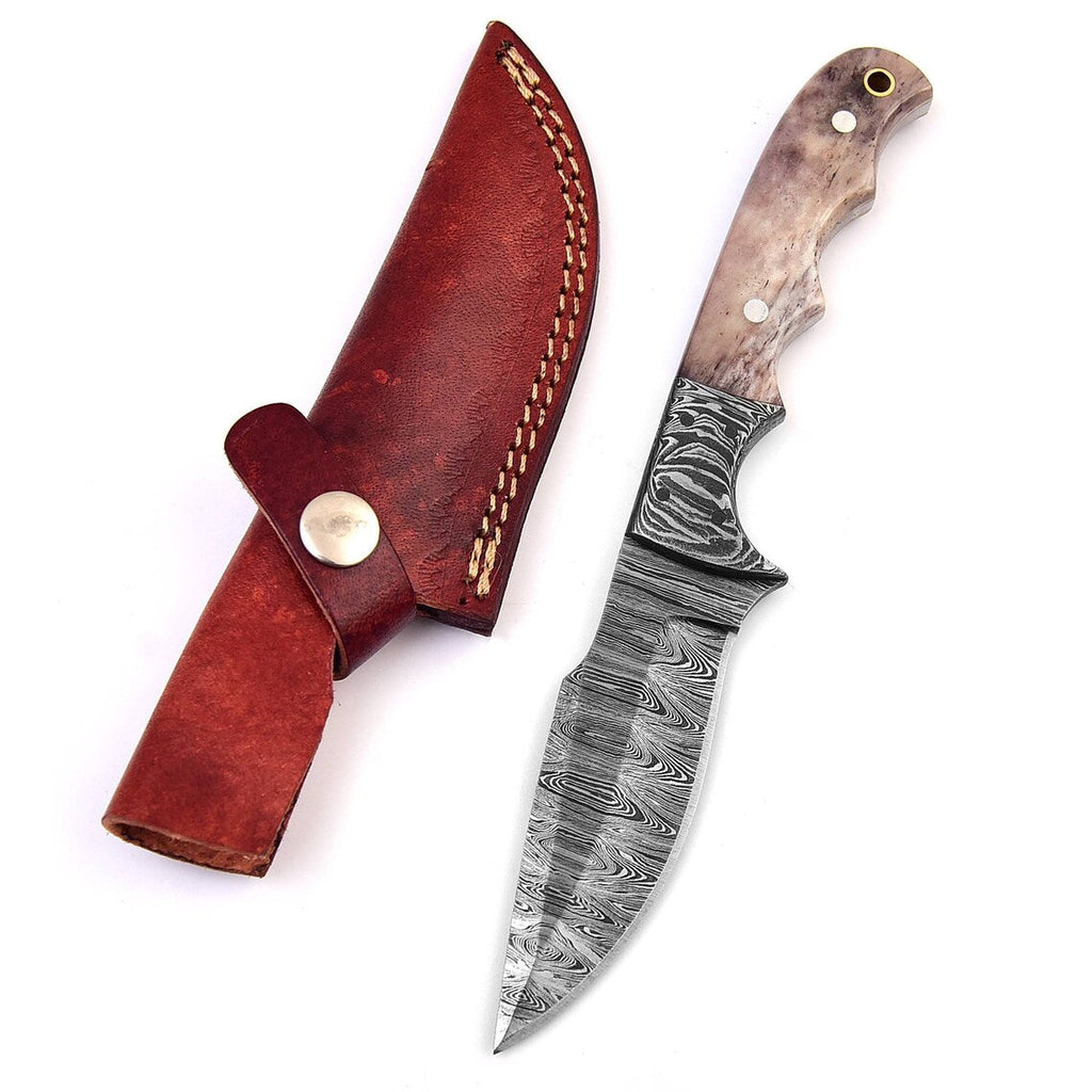 Custom Handmade Damascus Steel Good Skinning Knife with Colored Bone Handle, 8.25-inch