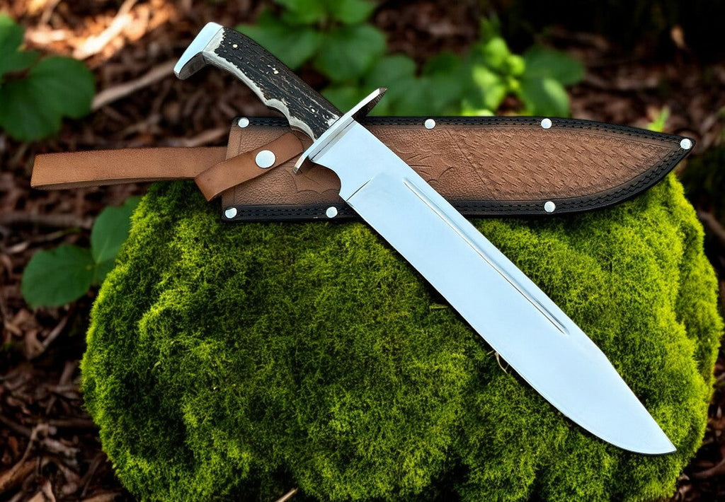 Highlander Stag Handle Bowie – 18" Custom Handmade D2 Steel Blade with Stag Horn Handle