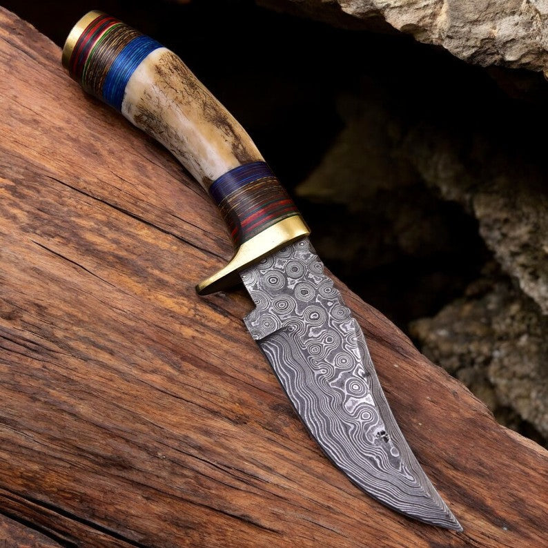 Best Deer Skinning Knife – 8" Full Tang Raindrops Damascus Steel with Antler Horn